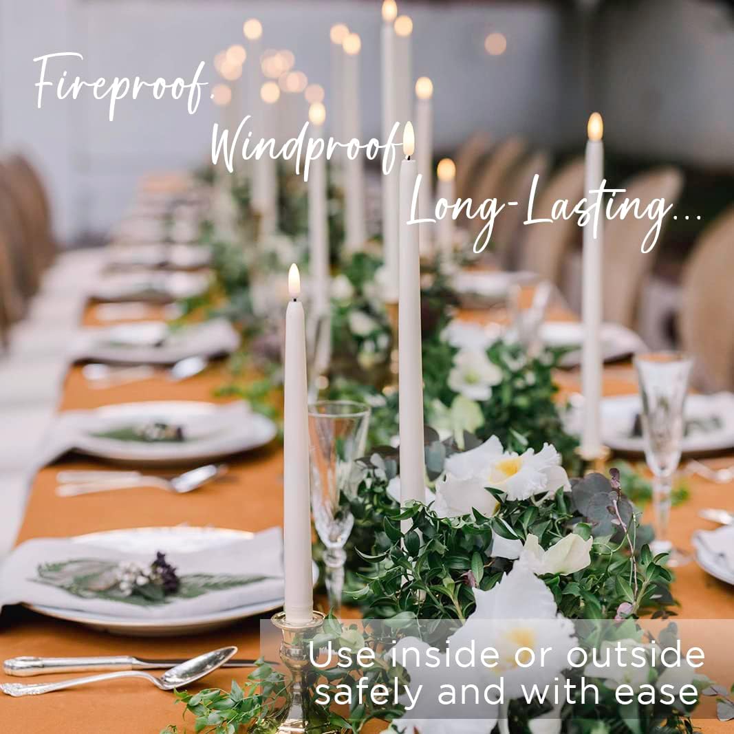 Set of 10 Daily Timer Flameless LED Ivory 10" Taper Candles with Realistic Black Wick, Daily Timer Remote Control and 20 AA Batteries, Candle Holders NOT Included