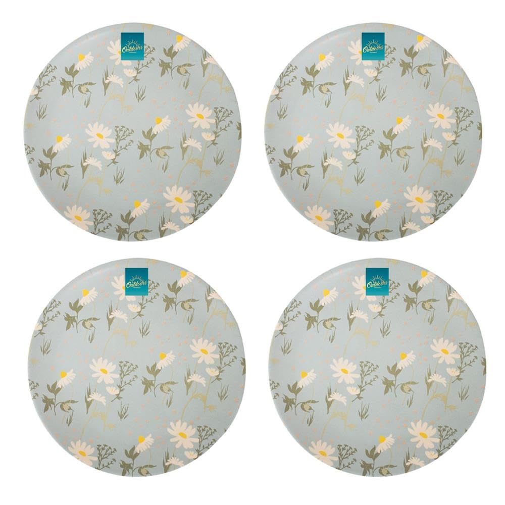 YöL Set of 4 Daisy Print Melamine Dinner Plates Summer Dining Outdoor Picnic BBQ Blue Floral Trendy Tableware Reusable