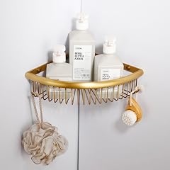Hoinerus Antique Brass Shower Caddy Bathroom Corner Shelf Wall Mounted Shampoo Holder with Bathball Hook
