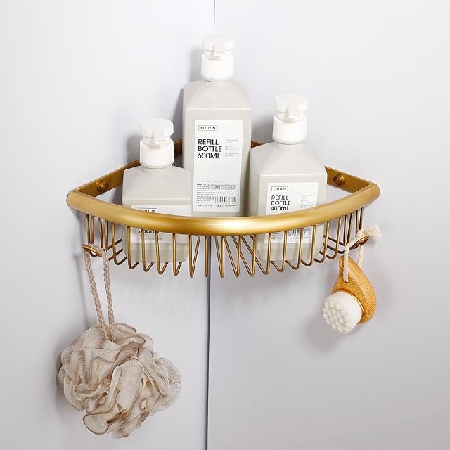 Hoinerus Antique Brass Shower Caddy Bathroom Corner Shelf Wall Mounted Shampoo Holder with Bathball Hook