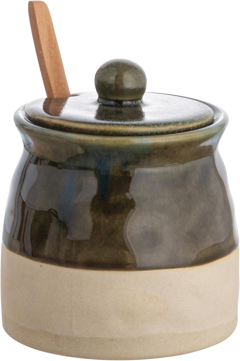 Creative Co-Op Black Stoneware Sugar Pot with Lid and Wood Spoon (Pack of 2)