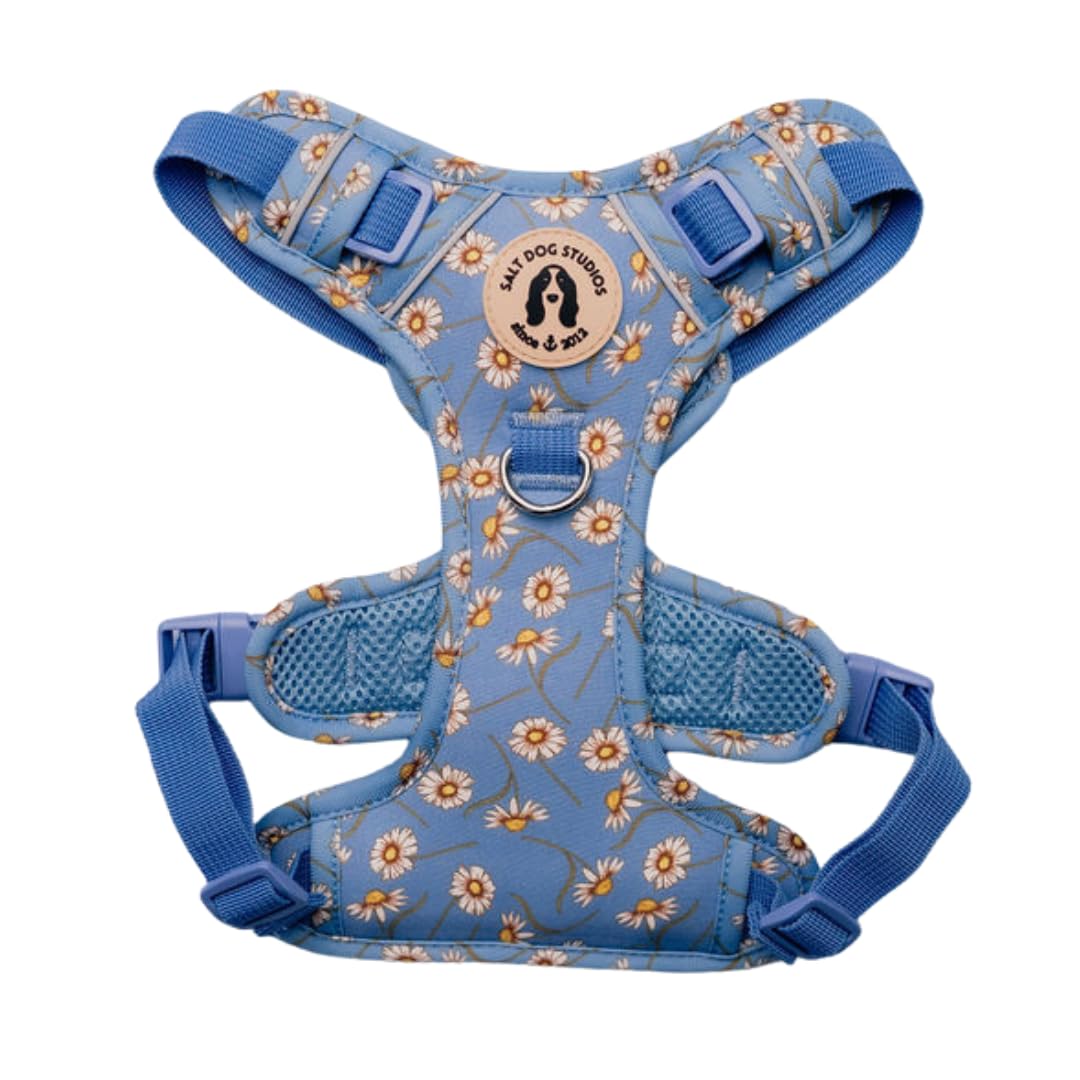 Floral Garden Dog Harness, Adjustable Mesh Harness for small, medium & Large Dogs, Lightweight Comfortable Harness with Front & Back D-Rings by Salt Dog Studios (Blue Daisy, Extra Large)