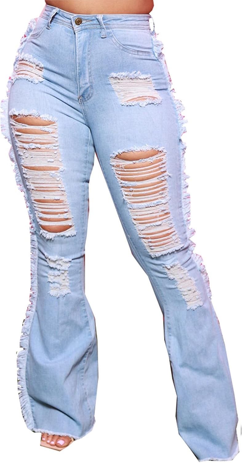 Women Bell Bottom Jeans High Waisted Flare Jean Ripped Hole Classic Denim Bell Bottom Pants