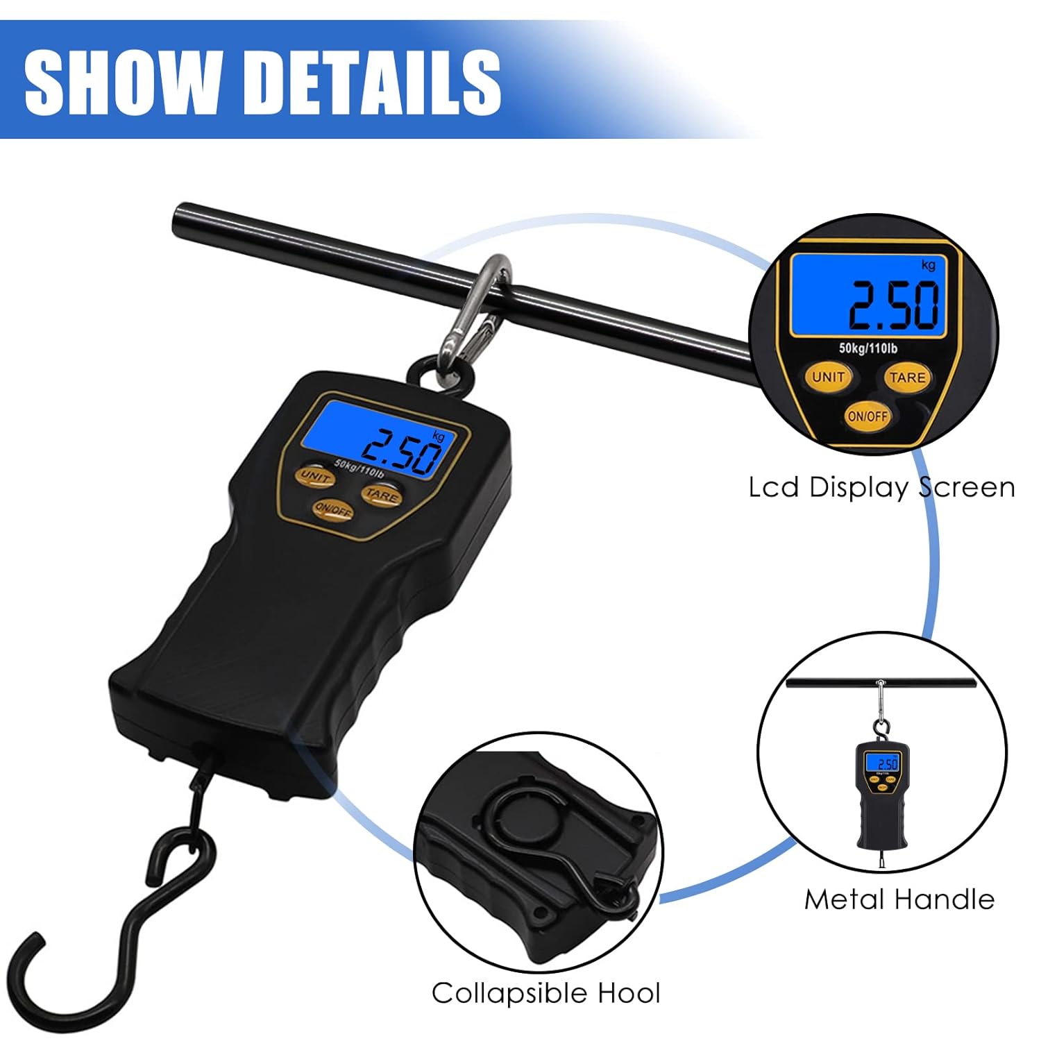 110lb/50kg Digital Fishing Scales - Portable Electronic Hanging Hook Scale with Carrying Pole and Backlit LCD Display for Hunting, Fishing, and Shopping