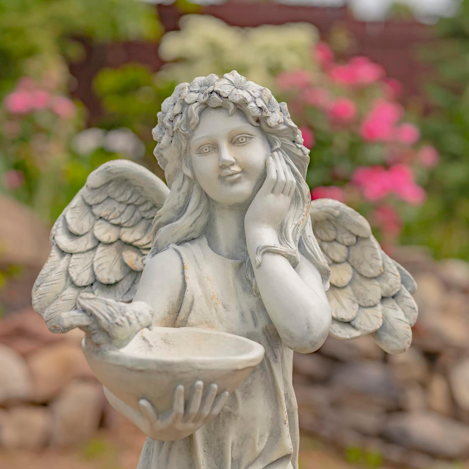 Zaer Ltd. 39" Tall Magnesium Angel Statue Figurines for Outdoor and Indoor Use (Holding a Birdbath Jazmin, Antique White)