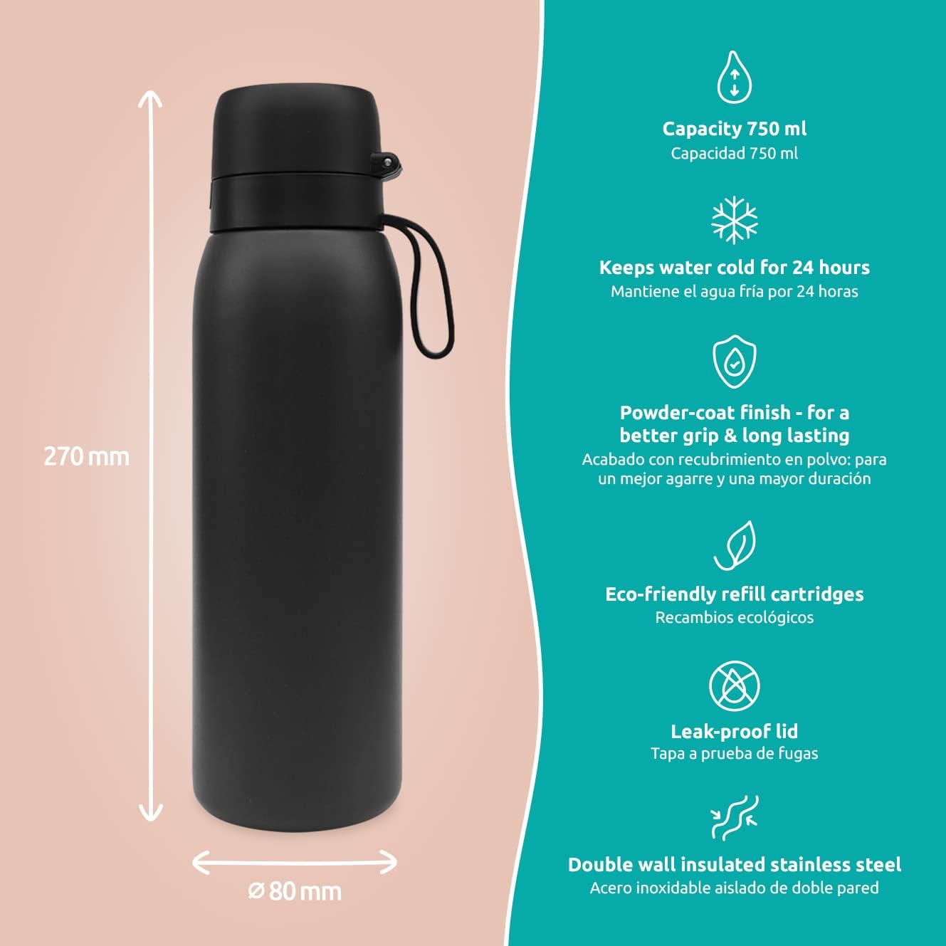 Marley Designed Bottle Pro Reusable Water Bottle with Filter, 80+ contaminants filtered, BPA Free, Sustainable Refills, 750ml, Filter Bottle + 1 Refill Included
