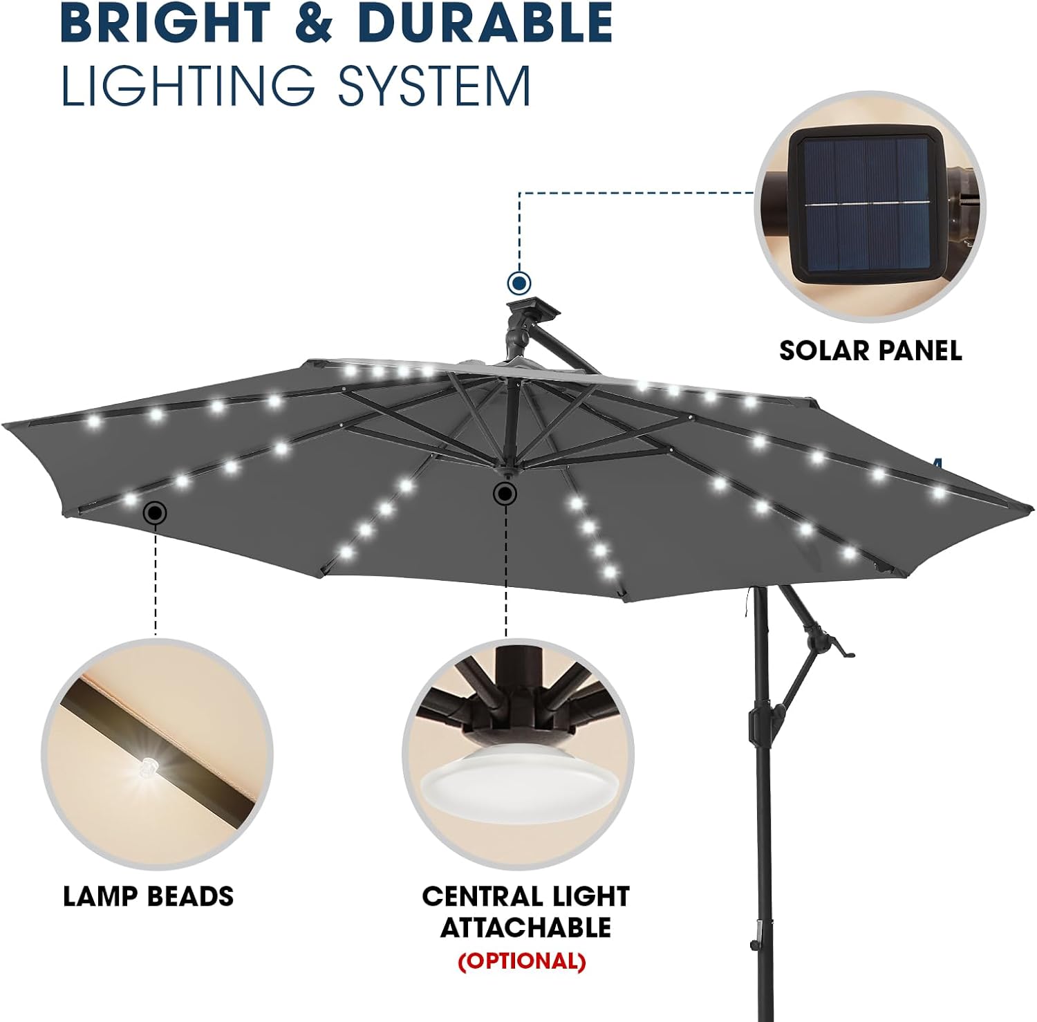 wikiwiki 10ft Solar LED Offset Hanging Market Cantilever Patio Umbrella for Backyard, Poolside, Lawn and Garden, Easy Tilt Adjustment, Polyester Shade & Cross Base, Dark Gray