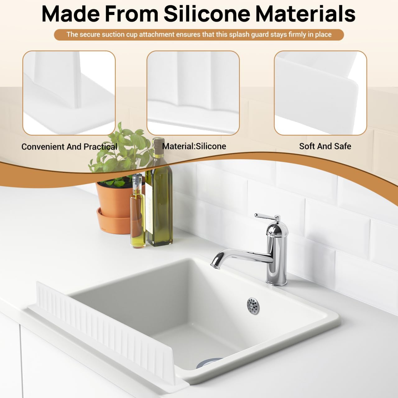 Sink Splash Guard Silicone Kitchen Sink Splash Guard Baffle with Suction Cups 20.07 X 2.75 X 1.69 in Water Barrier for Countertop Area Bathroom