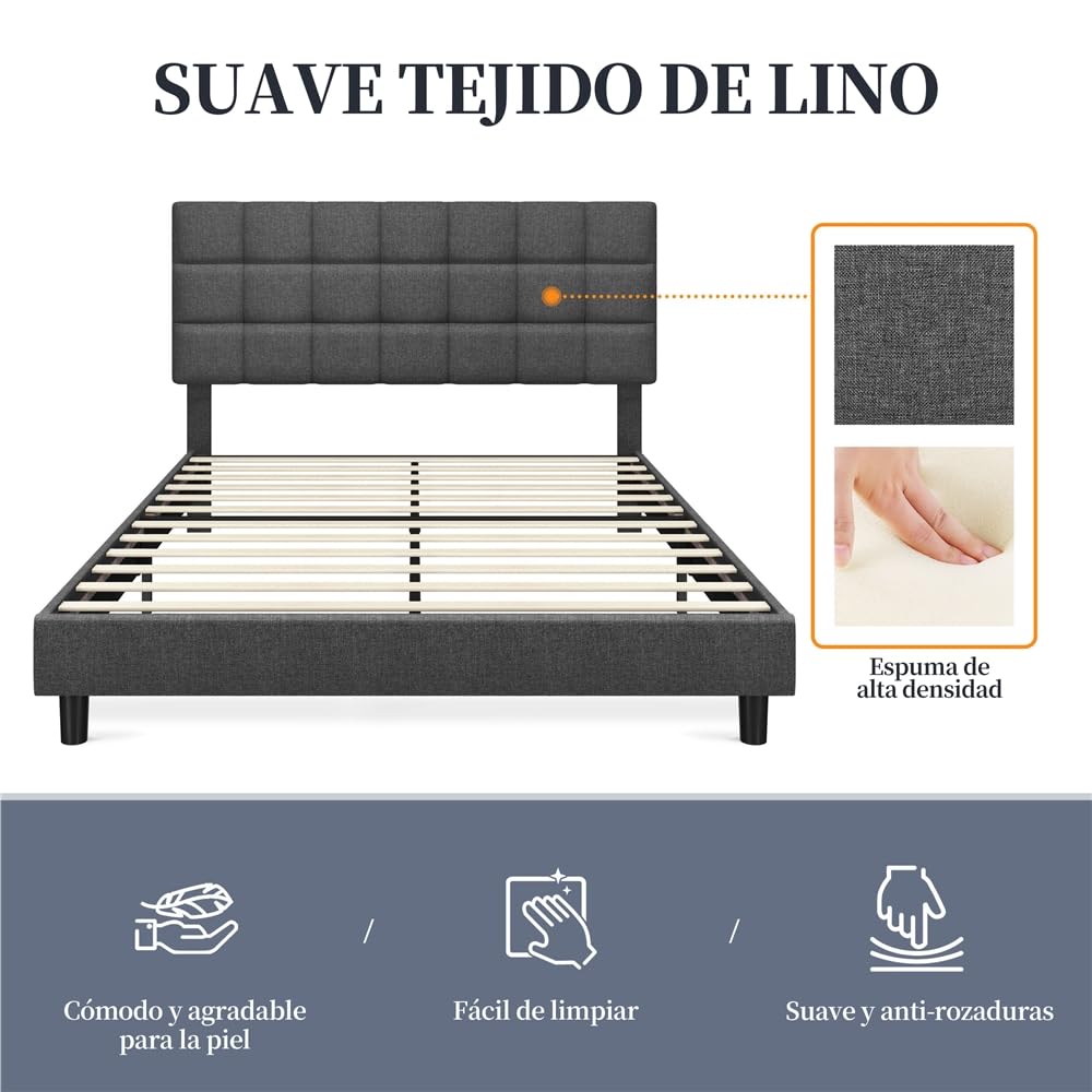 Yaheetech Marco de Cama Tapizada de 140 x 200 cm Camas de Matrimonio con Cabecero Regulable en Altura Estructura Estable con Listón de Madera, Color Gris Oscuro