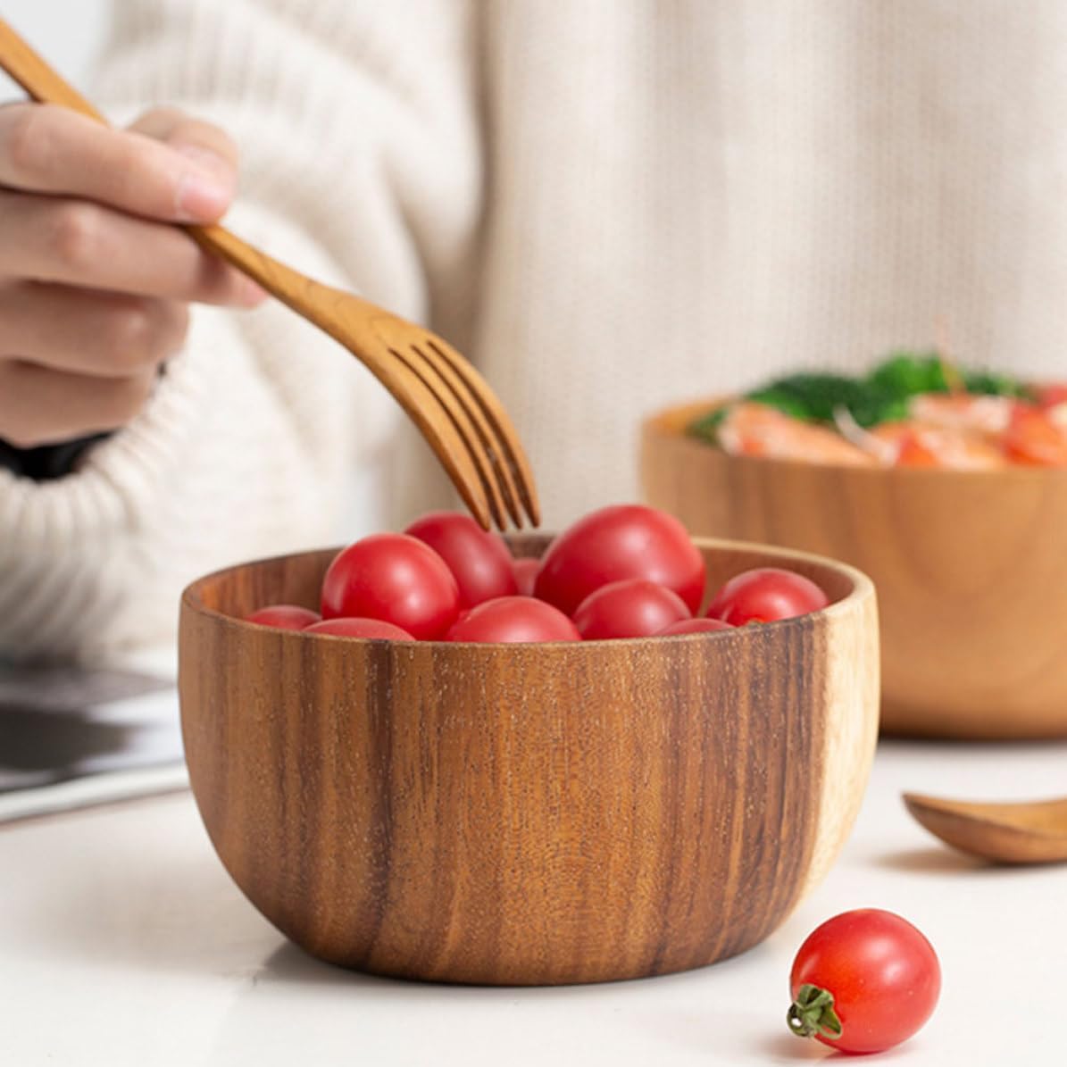 2pcs Japanese Style Flat Bottom Wooden Bowl Set for Rice and Salad