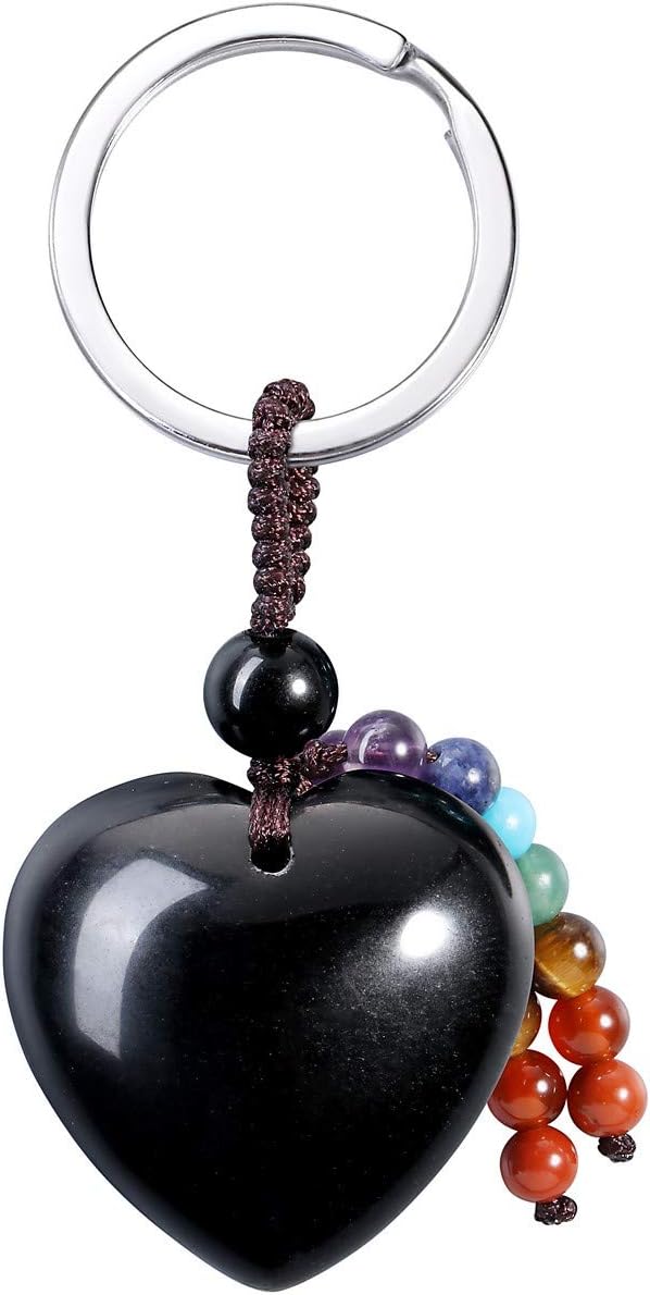 Natural Black Obsidian Heart Crystal Keychain 7 Chakra Gemstone Key Ring Charm for Women