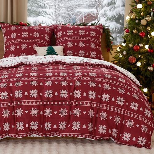 BEDSURE Bettwäsche 200x200 3teilig Weihnachts - Bettwäsche-Sets Schneeflocke Bettbezug 200x200 mit 2 Kissenbezüge 80x80 cm, Festliche Bedding Muster Rot mit Reißverschluss