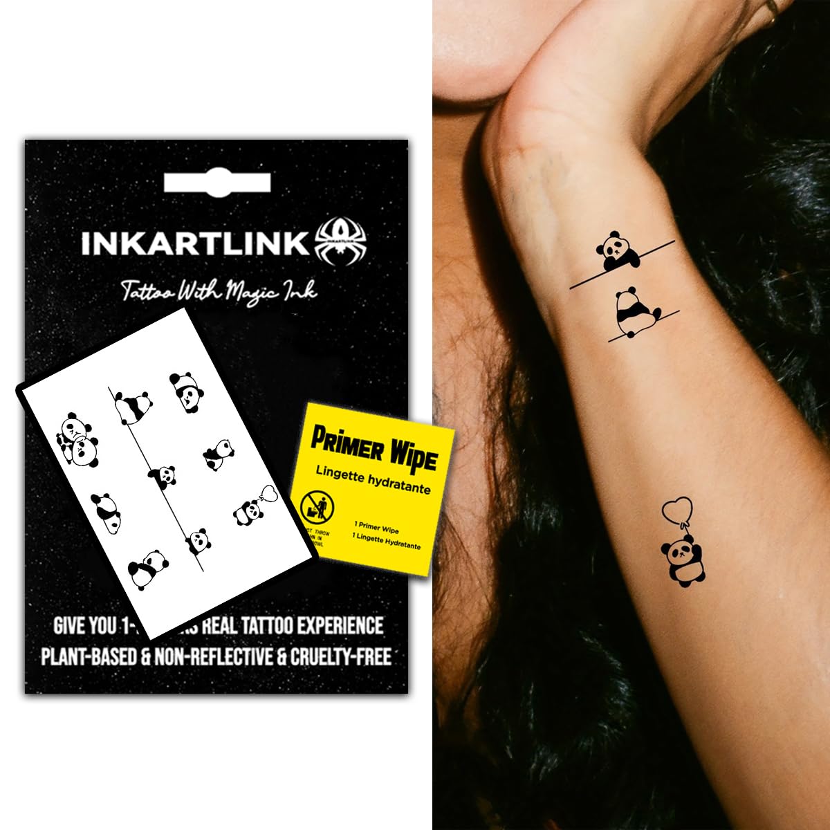 INKARTLINK Semi Permanent Tattoo, temporary tattoo, adult art design, party gift, waterproof, realistic, no adhesive, no reflective, lasts 1-2 weeks (9 Cute pandas)
