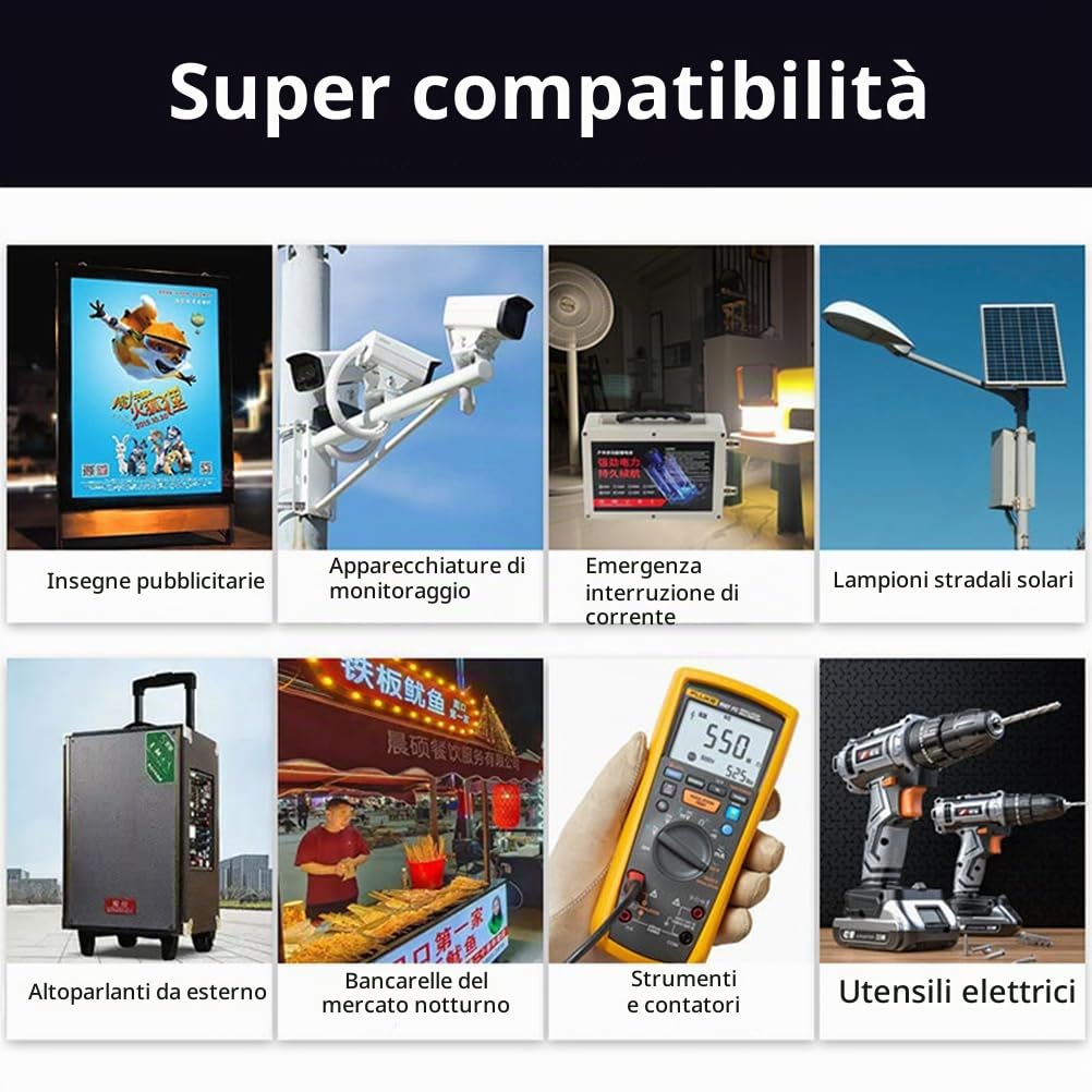 Batteria al Litio Ricaricabile da 12V, 10Ah, 15Ah, 20Ah, 30Ah, 40Ah, 50Ah, 60Ah, 80Ah, 100Ah, Pacco Batteria ad Alta capacità con caricabatteria e Display di Potenza.