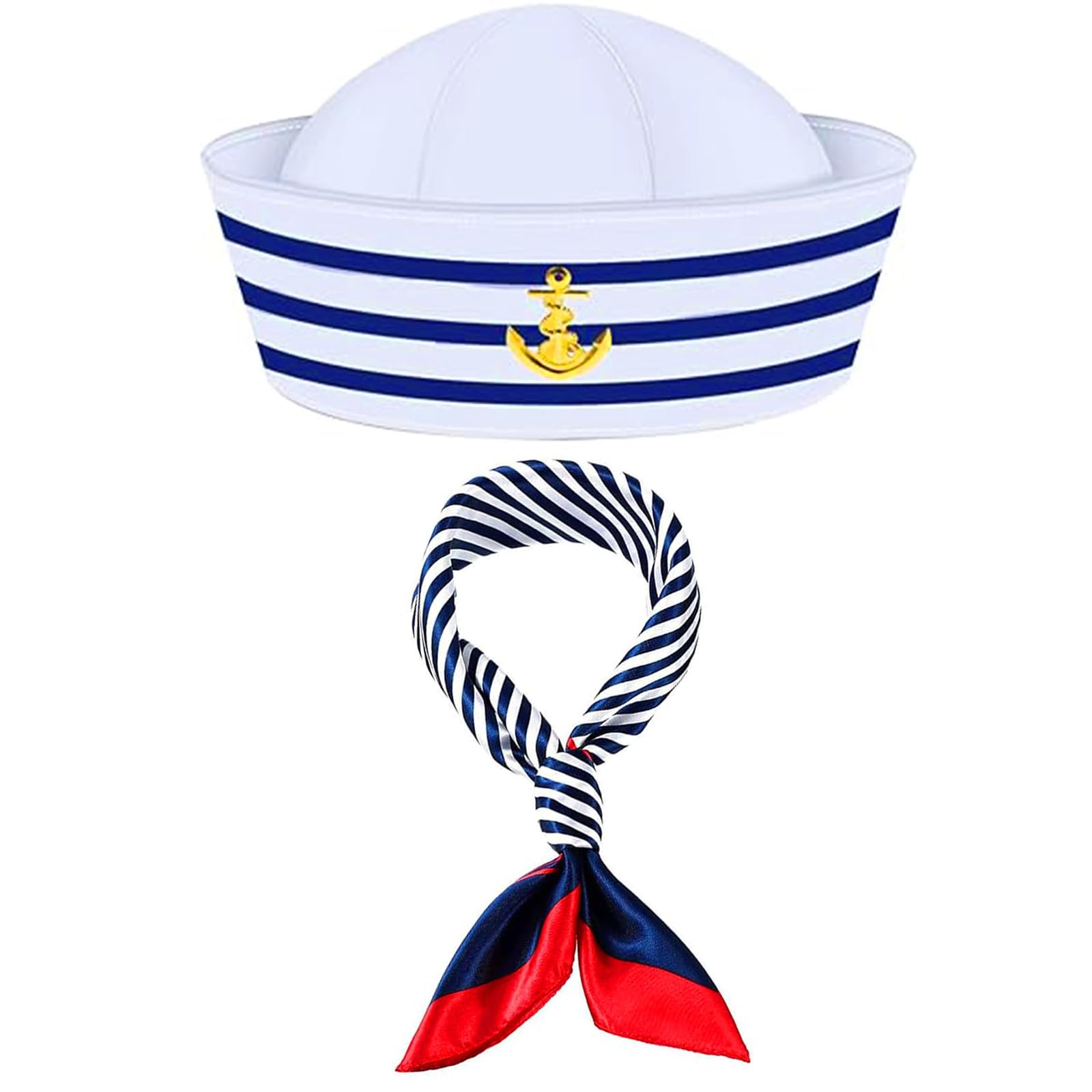 Sailor Hat and Scarf Kit,Fancy Dress Stripes Captains Hat,Sailor Outfit with White Sailor Hats Scarf,Nautical Themes Captain Accessories,Costume Accessory for Cosplay,Navy Dressing,Stage Performance