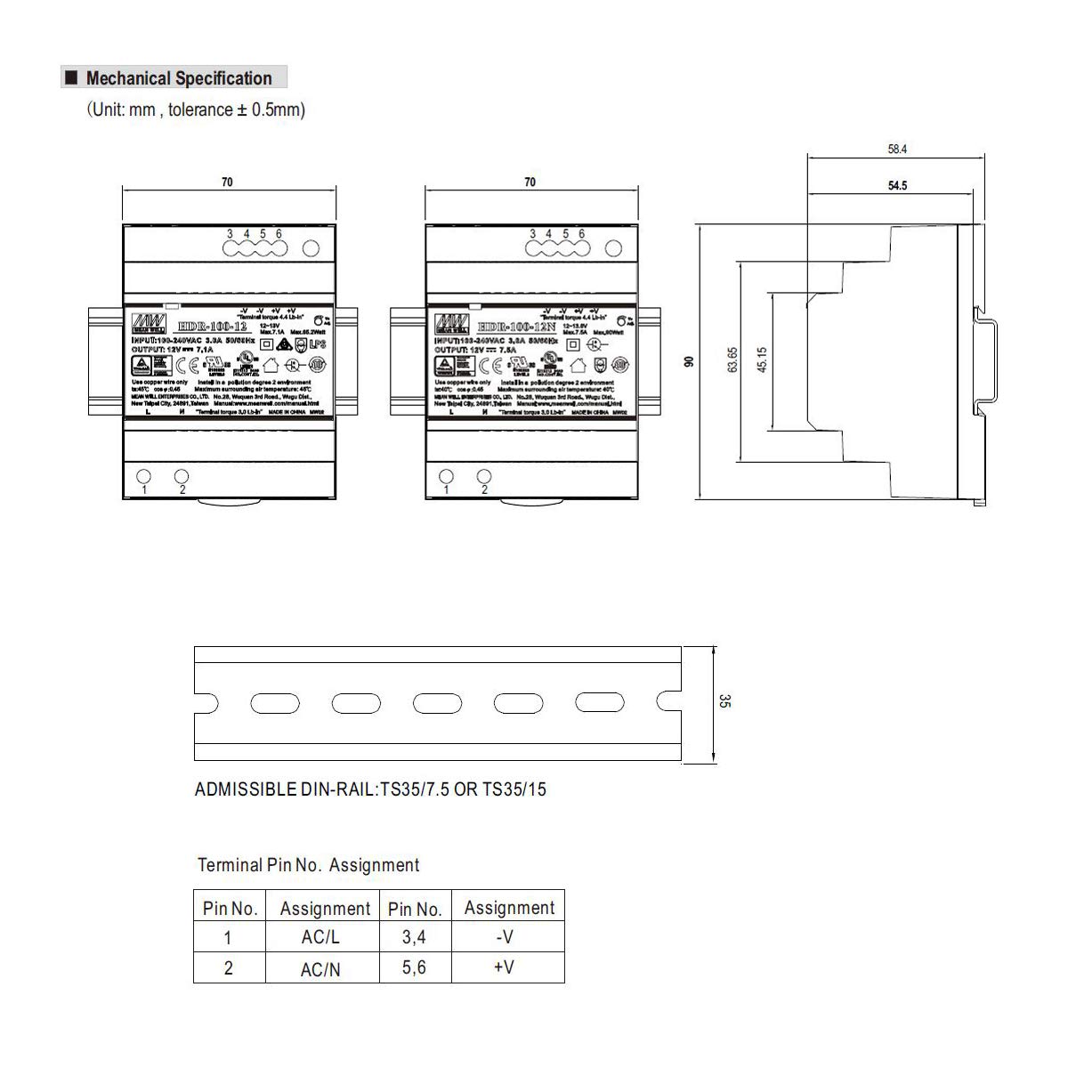 Mean Well HDR-100-24 AC-DC Ultra Slim DIN Rail Alimentatore, CV
