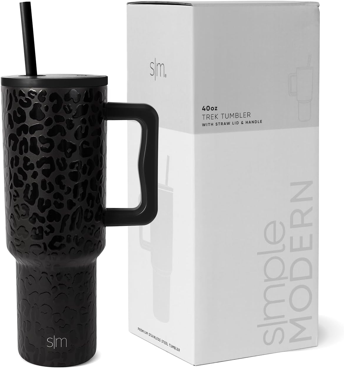 Simple Modern Mothers Day Gifts for Mom 40 oz Tumbler with Handle and Straw Lid Insulated Reusable Stainless Steel Water Bottle | Gift for Women Her | Trek Collection | 40oz | Black Leopard