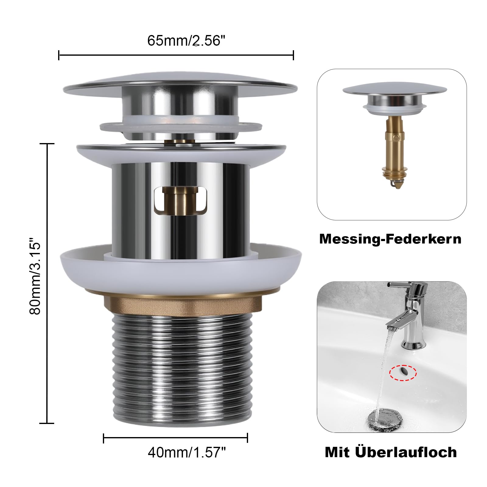 Siphon Waschbecken Ablaufgarnitur mit Überlauf - Edelstahl 304 Universal Siphon Waschbecken Bad, Syphon Sifon Pop Up Abflussgarnitur Abfluss Flaschensiphon, Silber