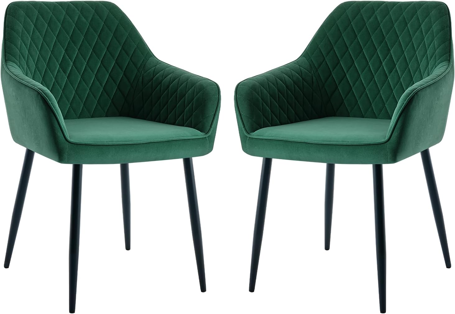 Green Set of 2 Dining chairs Armchairs with Armrest Backrest Upholstered seat with Black Metal legs (Green, 2)