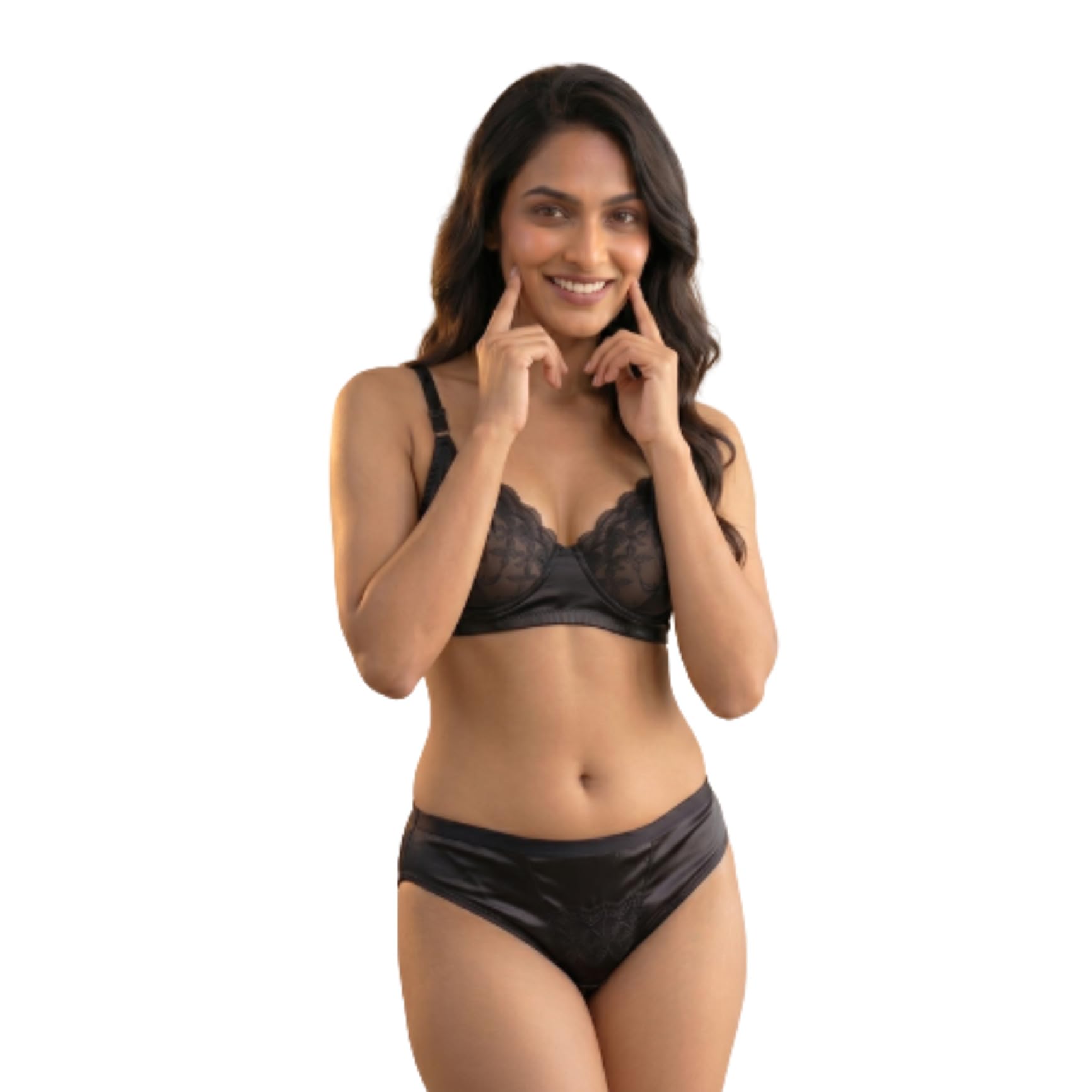 Women's Satin Non-Padded Wire-Free, Full Coverage Bra & Low Rise Panty with Lace Work, Lingerie Set Adjustable Straps for Easy Wear-picture-45