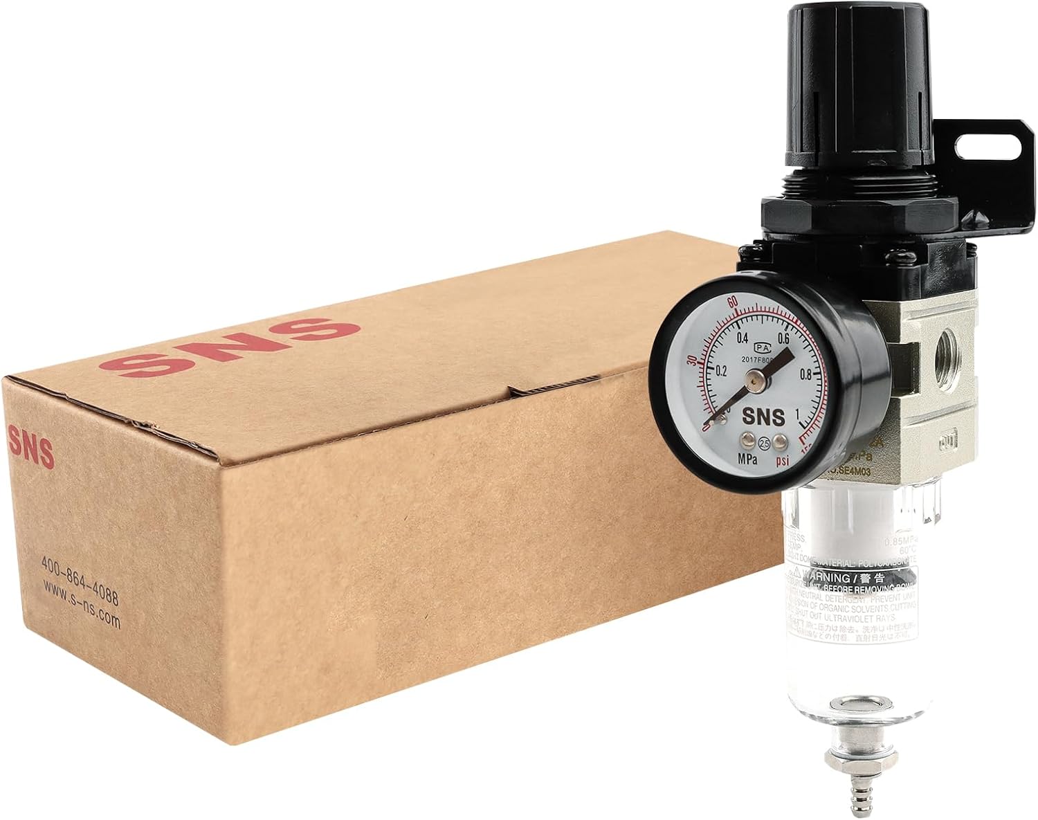 SNS Compressed Air Filter Regulator Piggyback Combo 1/4”NPT- Semi-auto Drain, Bracket, Gauge Poly Bowl AW2000-N02A
