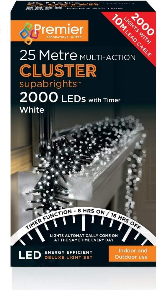 Premier Decorations - 2000 Multi Action Cluster LED Lights with Timer - White