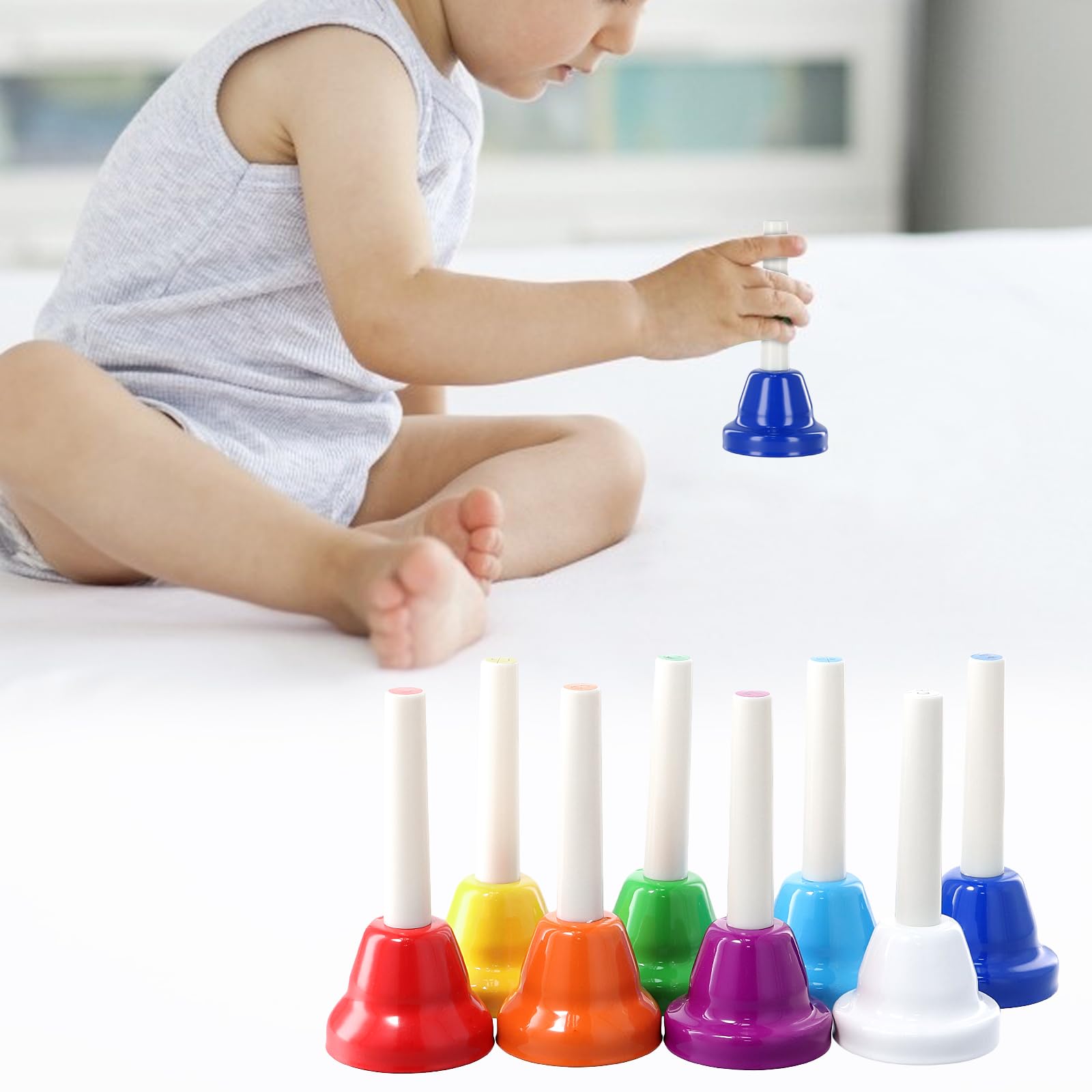 Lot de 8 cloches à main, 8 notes colorées, cloches diatoniques en métal - Cloches musicales colorées - Pour festival, cours de musique