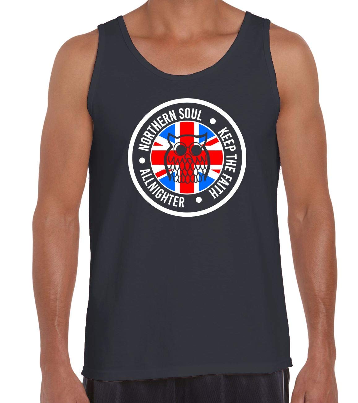 Tribal T-Shirts Men's Black Northern Soul Night Owl Union Jack Vest Tank Top (Medium, )