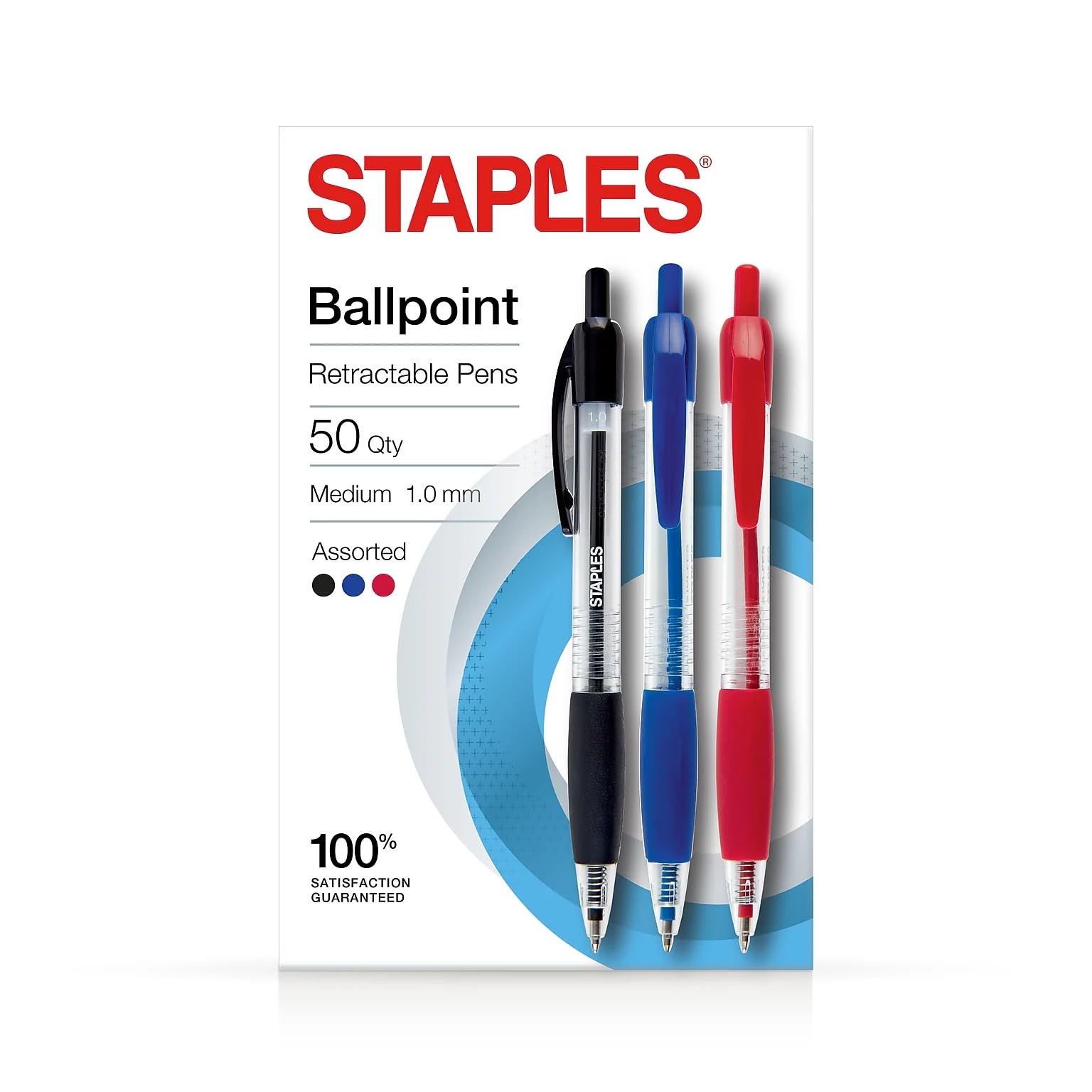 Staples Druckkugelschreiber, 1,0 mm Spitze, 50 Stück verschiedene Farben – 20 Schwarz, 20 blau & 10 rot