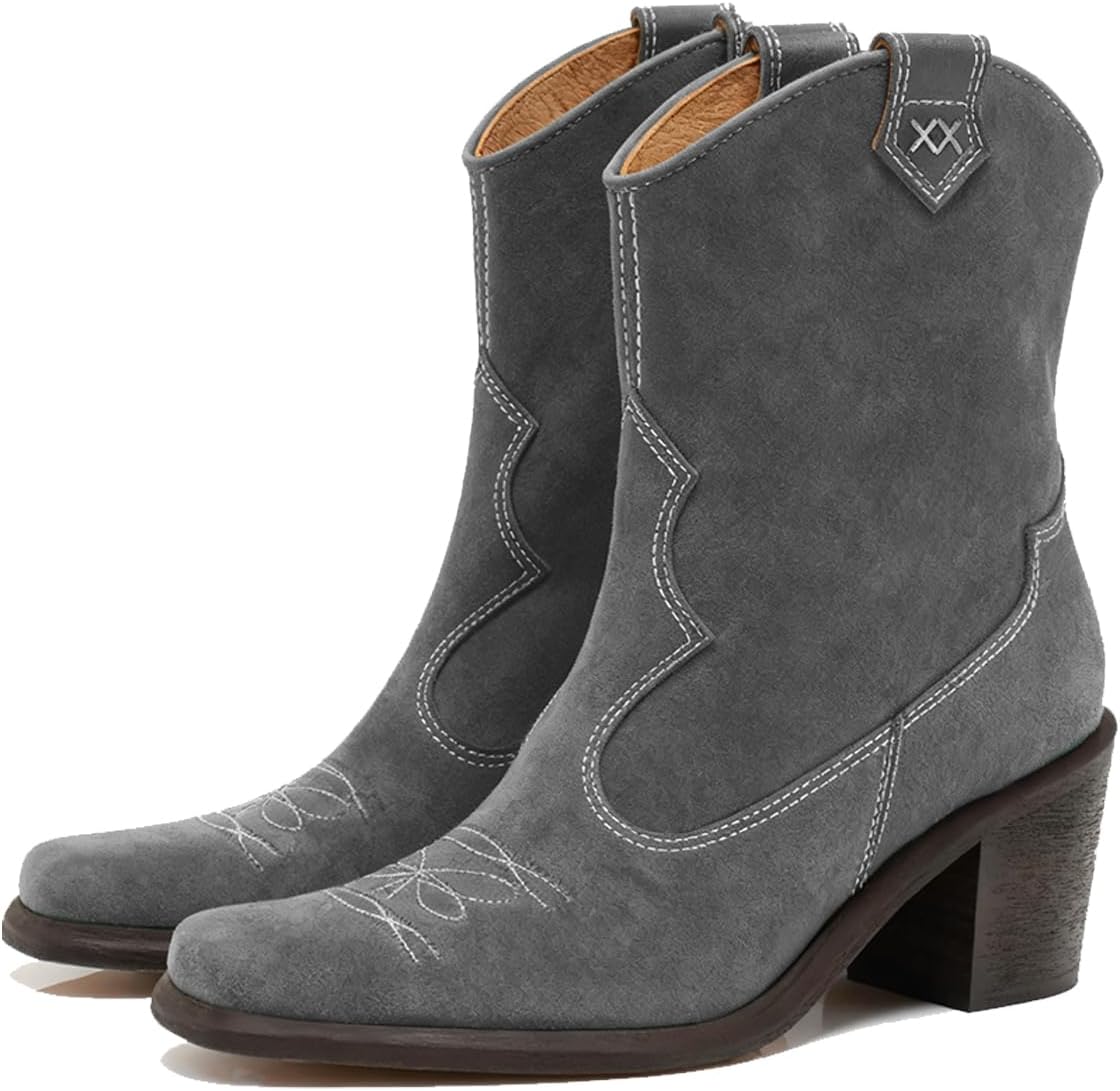 Vintage Embroidered Cowboy Ankle Boots Women Chunky Stacked Heel Western Booties Square Toe Suede Metallic Short Cowgirl Boots Pull On Fall Bootie Office Party Dress Boot Exotic 4-11 M US