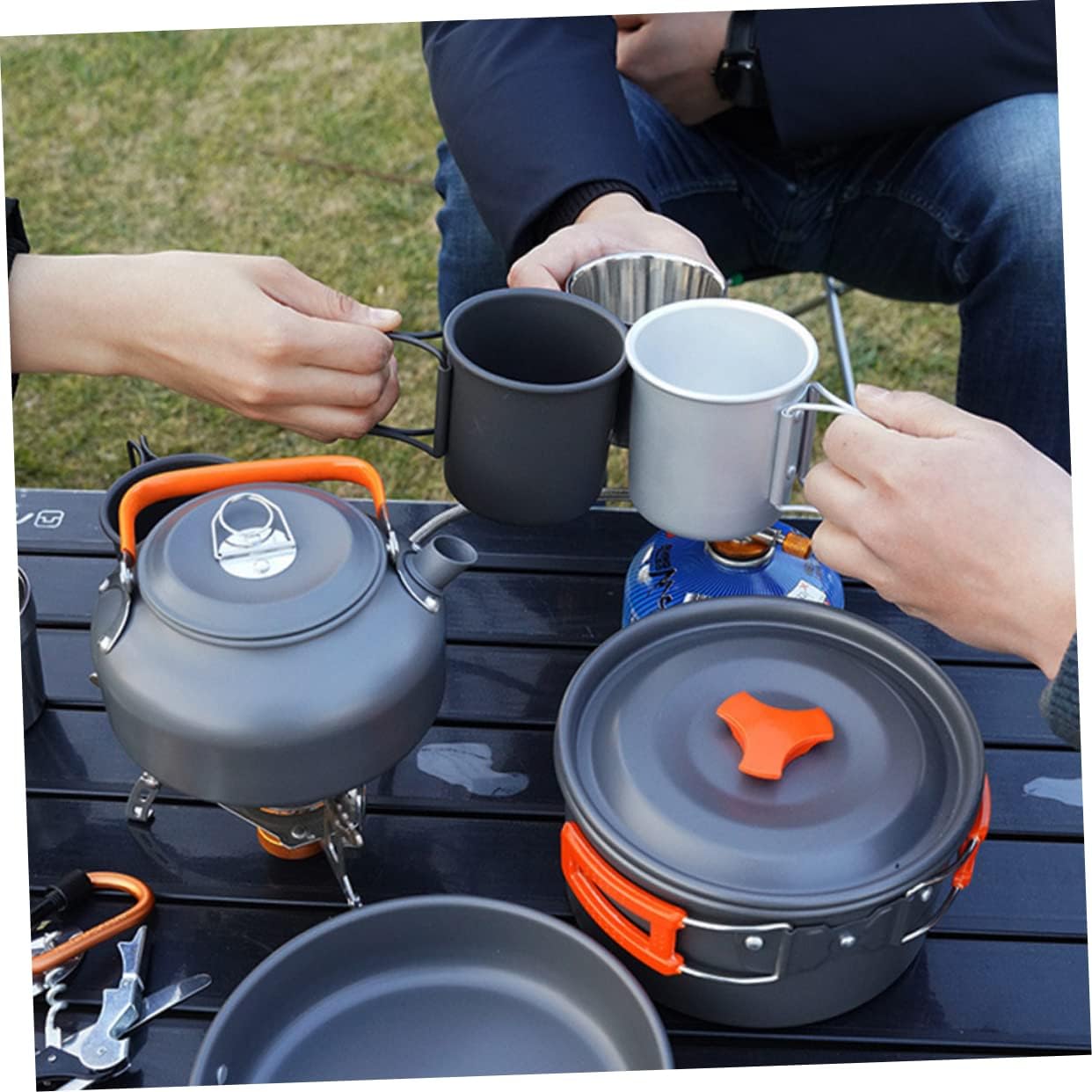 Outdoor Aluminum Cookware Kit Pot and Pan Set Collapsible Handle Lightweight for Camping