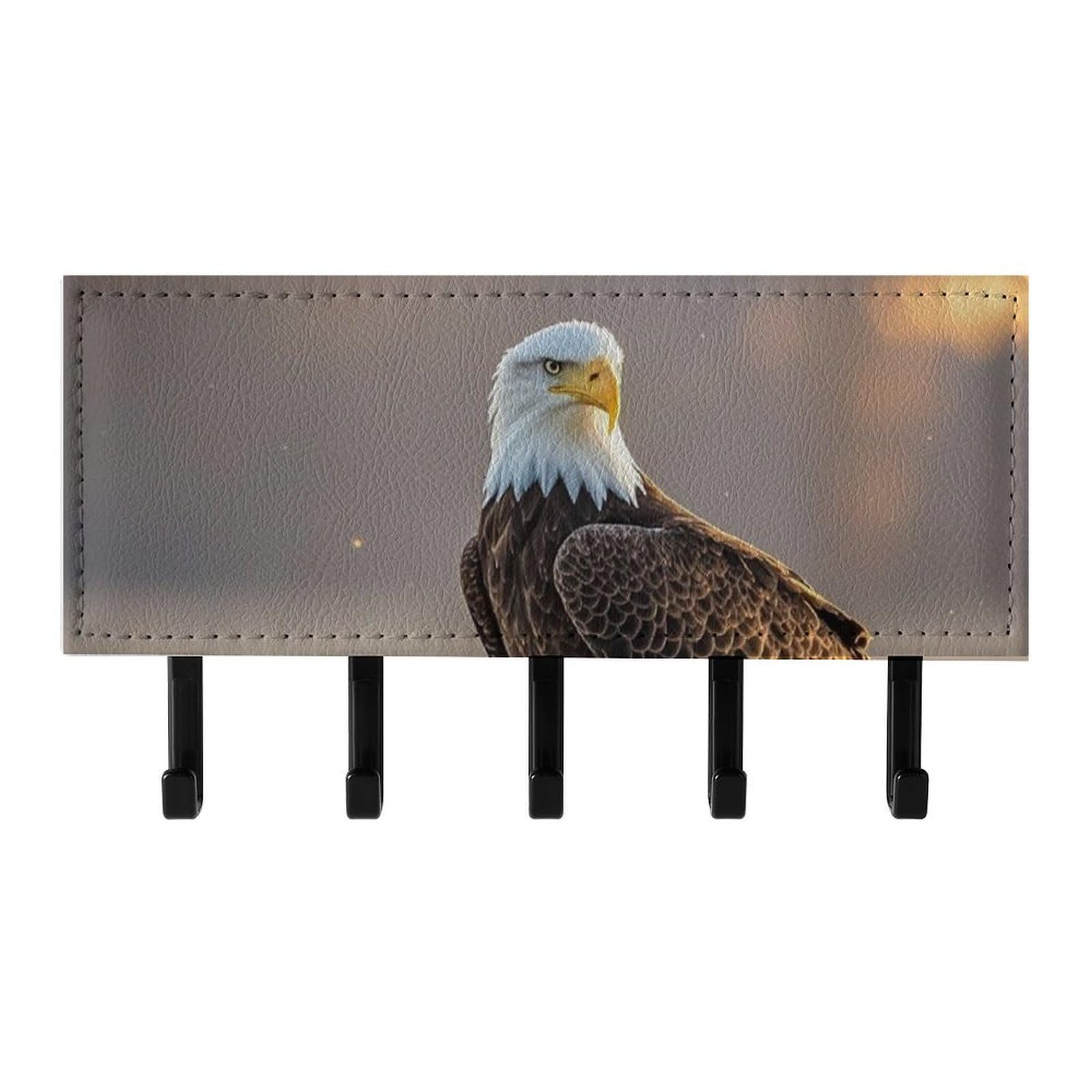 QMNLKH Golden Sunset Bald Eagle Wall Mounted Key Rack for Home, No Drilling Key Holder with 5 Hooks, Self Adhesive Keys Chain Organizer for Hallway, Keys Hanger Shelf for Office, Doorway Black