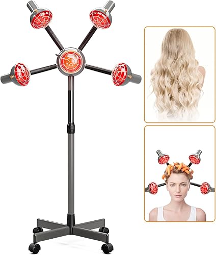 OKAKOPA Procesador profesional de color de cabello infrarrojo 5 luces rojas brazos flexibles base rodante lámpara infrarroja para secador de pelo de