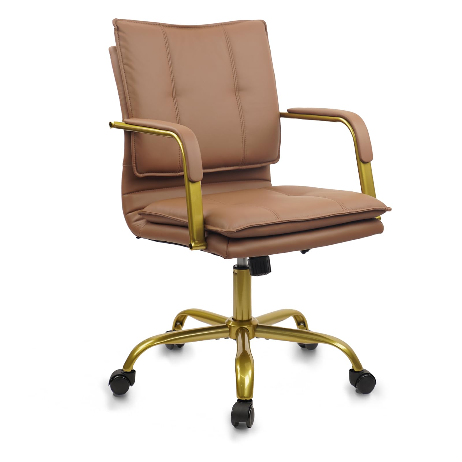CLATINA Leather Home Office Desk Chairs, Swivel Mid-Back Computer Chair with Golden Legs and Arms, Comfy Upholstered Task Chair with Wheels, Brown