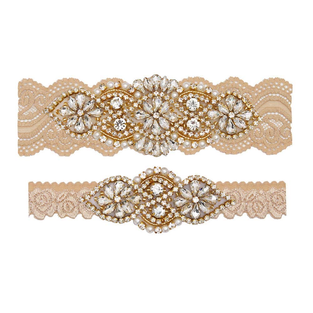 BATLAM Jarretière avec,Accessoires de Robe de mariée Porte-Jarretelles en Dentelle avec Boucle de Jambe diamantée - Bleu XXL,Cadeaux Jarretière personnalisée (Champagne Ae L)