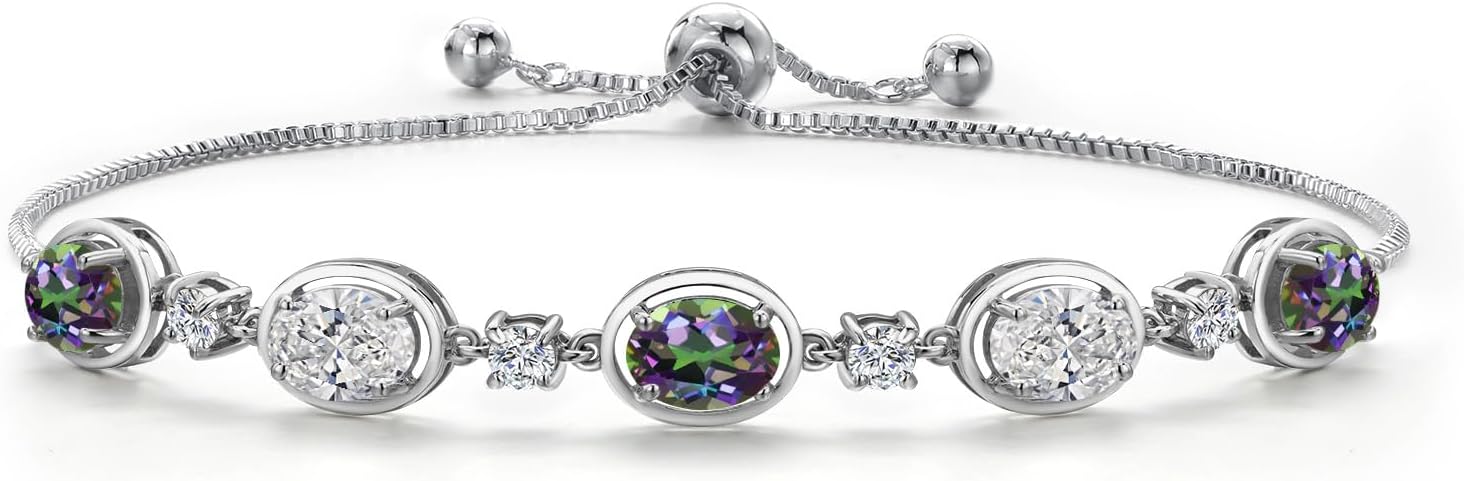 Gem Stone King 925 Sterling Silver Green Mystic Topaz, and Lab Grown Diamond Bracelet For Women | 4.80 Cttw | Gemstone November Birthstone | Oval 7X5MM | Fully Adjustable 9 Inch