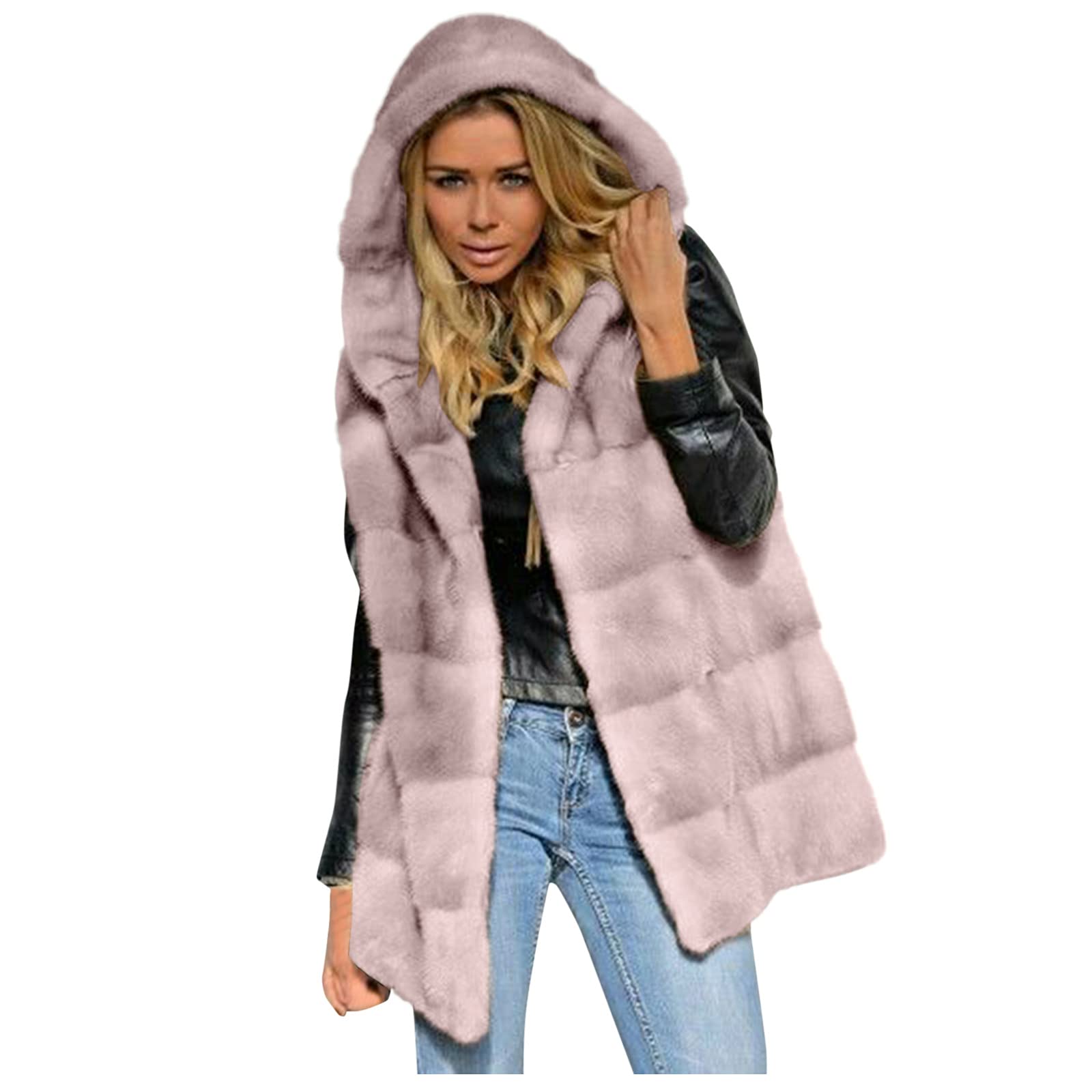 Generisch Trainingsjacke Herren Damen Faux-Fur ärmellose kurze Kapuzenjacke Weste Body Warmer Outwear