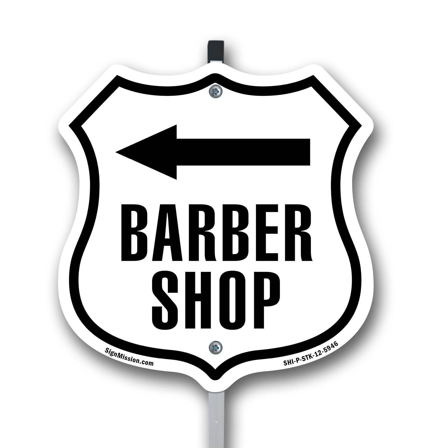Barber Shop Left 12 inch X 12 inch Shield Shaped Rust-Free Aluminum Metal Sign with Aluminum Mounting Stake Weather Resistant Made in the USA