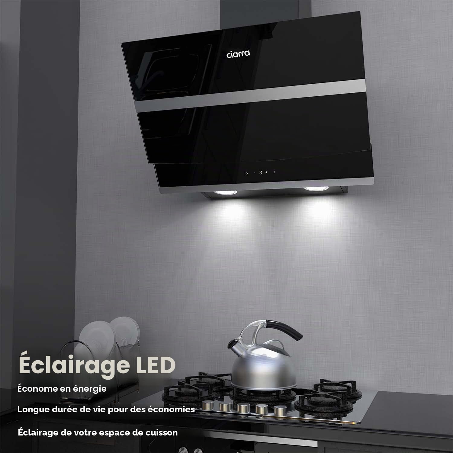 CIARRA CBCB6736N Class A+++ Hotte Aspirante 60cm 650 m³/h - Hotte Inclinée - 3 Vitesses - 2 Niveaux de Luminosité LED Dimmable - Commande Tactile - Recyclage/Evacuation - Noir