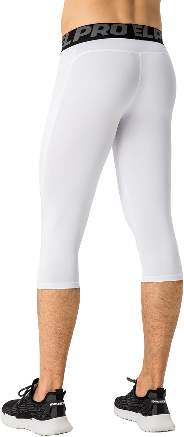 Men's 3/4 Compression Pants Athletic Basketball Leggings Tights Cool Dry Capri Active Gym Base Layer with Pockets