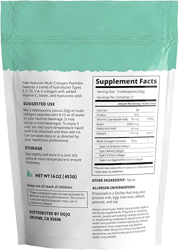 Miniatura 5 de Kate Naturals Péptidos de colágeno múltiple con biotina, ácido hialurónico y vitamina C (16 onzas, hidrolizados, sin sabor) Tipos I, II, III, V, X