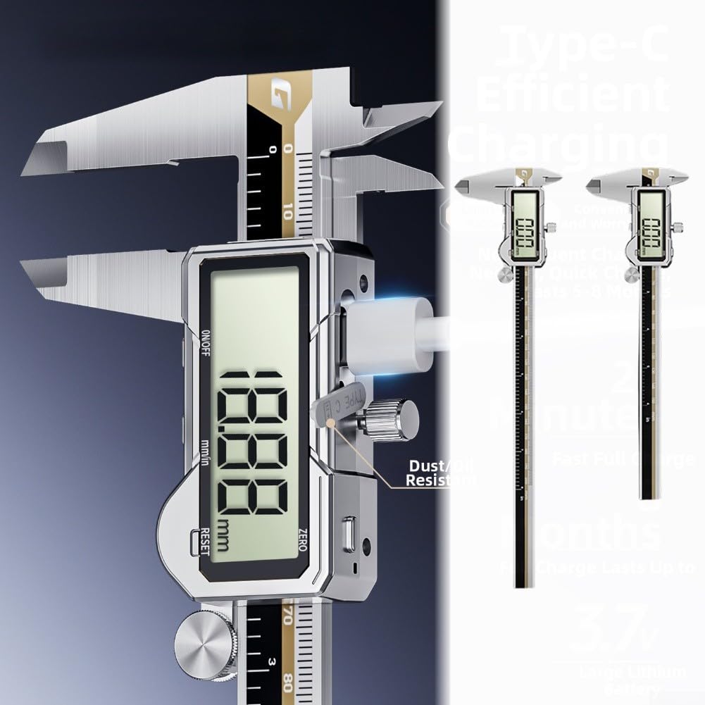Wiederaufladbarer digitaler Messschieber mit großem Display, Typ C, schnelles Aufladen, 0,01 mm, Präzision, lange Akkulaufzeit, Metallgehäuse, 150 mm, 200 mm, für Schmuck, industrielle Heimwerker (150