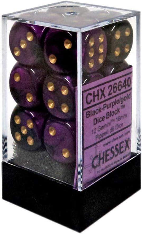 Chessex Dice d6 Sets: Gemini Black & Purple with Gold - 16mm Six Sided Die (12) Block of Dice