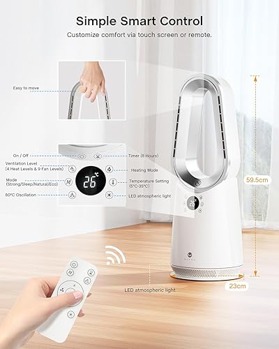 Miniatura 8 de ULTTY - Calentador de espacio, calentadores eléctricos portátiles y ventilador con control remoto, oscilación de 80, 9 velocidades, 3 modos, 8