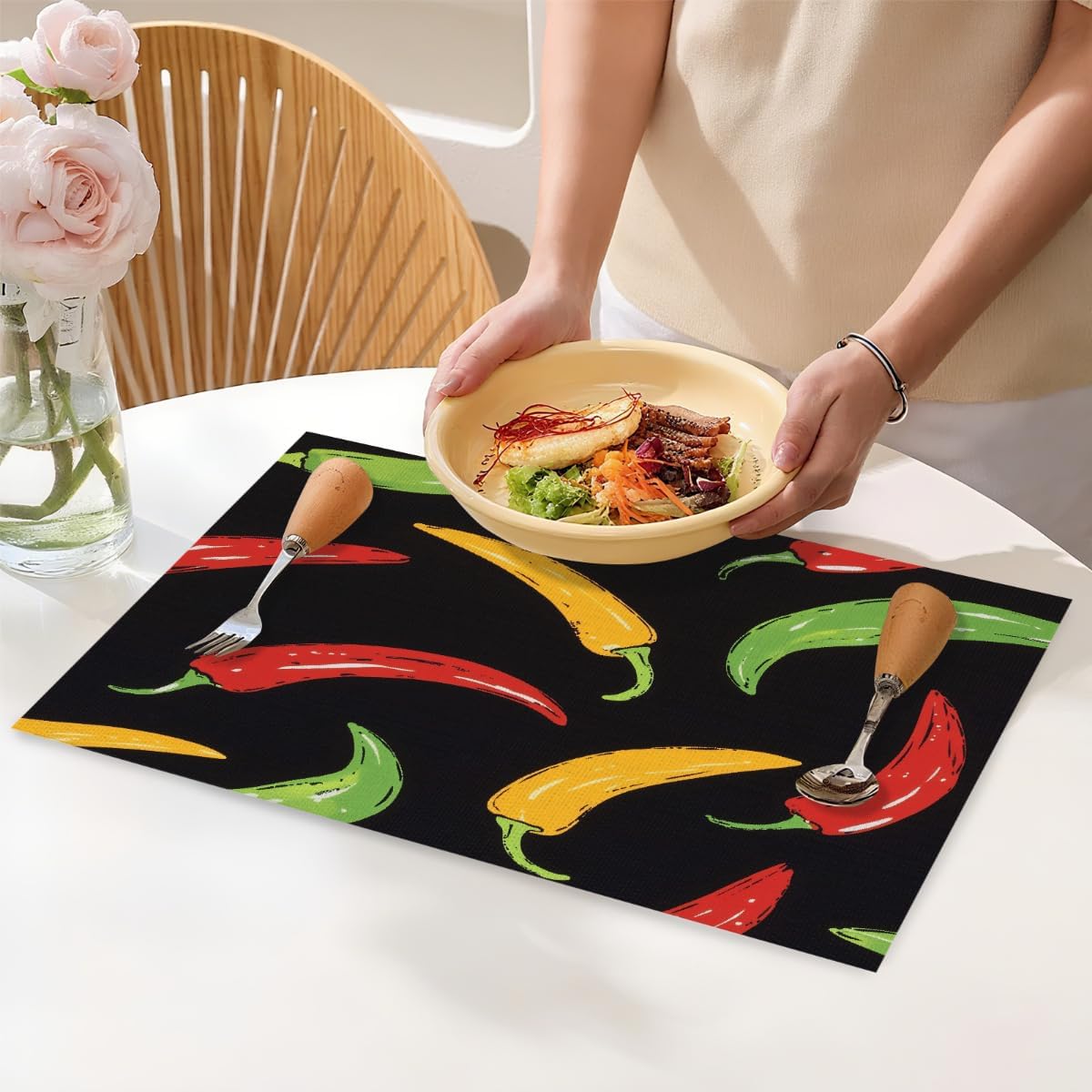 Colorful Chili Peppers Print PVC Placemats Set of 6, Heat Resistant Woven Dining Table Mats, Washable Kitchen Placemat for Table Protection Home Decor 18 x 12 in