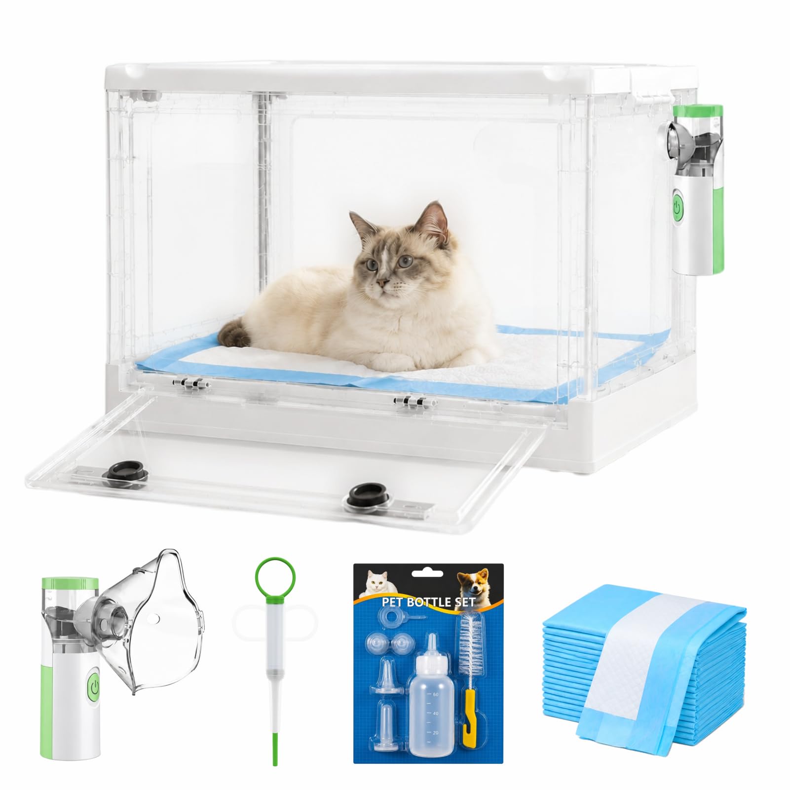 Caja de incubadora para cachorros, sistema de aire plegable para mascotas, sistema de incubación de oxígeno para perros y gatos, con nebulizador, 50 L, se adapta a gatitos de hasta 13 libras,