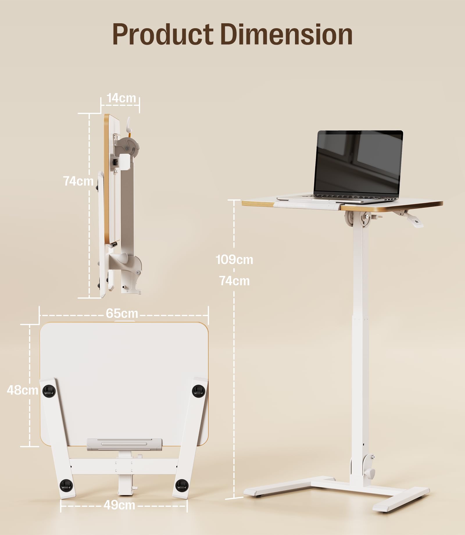 MAIDeSITe Klappbarer Laptoptisch Höhenverstellbar,Mobiler Stehtisch mit Rollen,Stehpult Montagefrei,Mobiler Schreibtisch für Homeoffice Büro und Kleine Räume,65x48cm-Fit Go