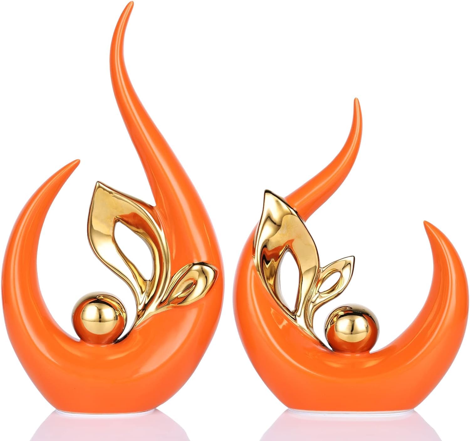 Voidrop-Ceramic Abstract Leaf Statue 2 Piece Set, Modern Art Home Decor,Decorative Aesthetics, Dining Table Centerpiece, Living Room Console, Entryway Table Decoration (Orange Gold, Set of 2)