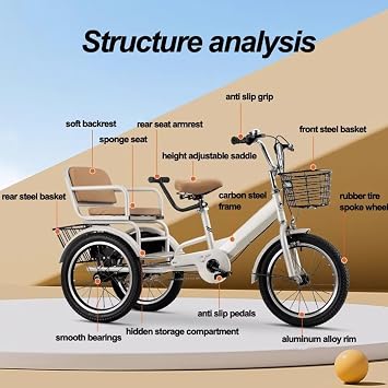 3 Wheels Bicycle with Back seat,Trike with armrest,Handle Lever Linkage Front and Rear Brakes,tricycles with Front and Back Baskets (Pink 16 in)