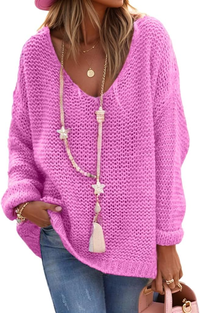 Womens Pullover Sweater V Neck Tops Long Sleeve Blouse Warm Chunky Knitted Sweater Oversized Top Jumpers 2024